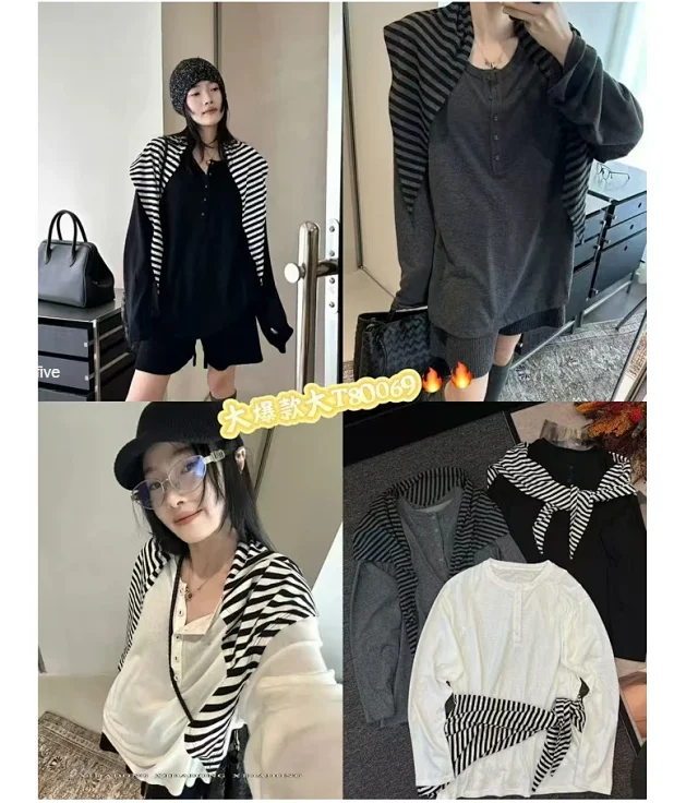 Women's LS Korean Striped Tee Set Detail