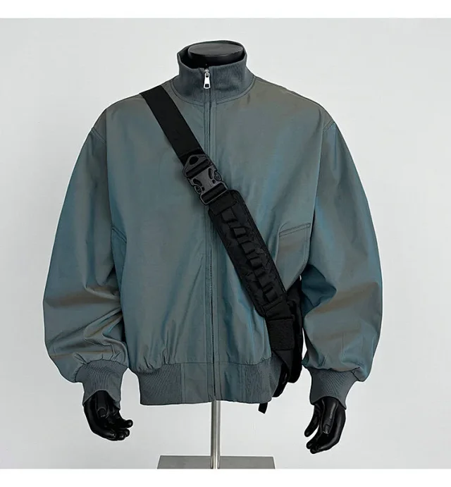 Men's Iridescent Satin Cropped Mandarin-Collar Jacket Detail