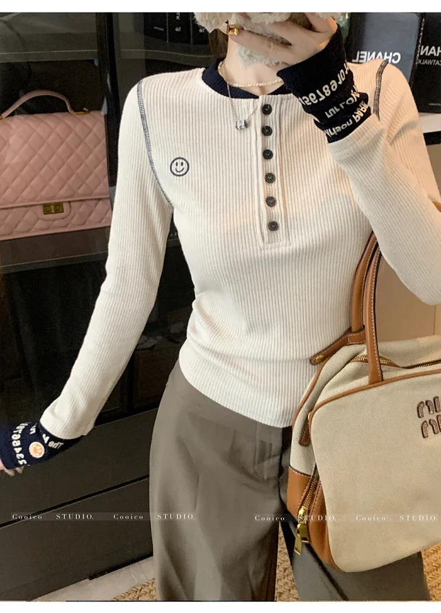 Women's Dopamine Color-Block Embroidered Knit Top Detail