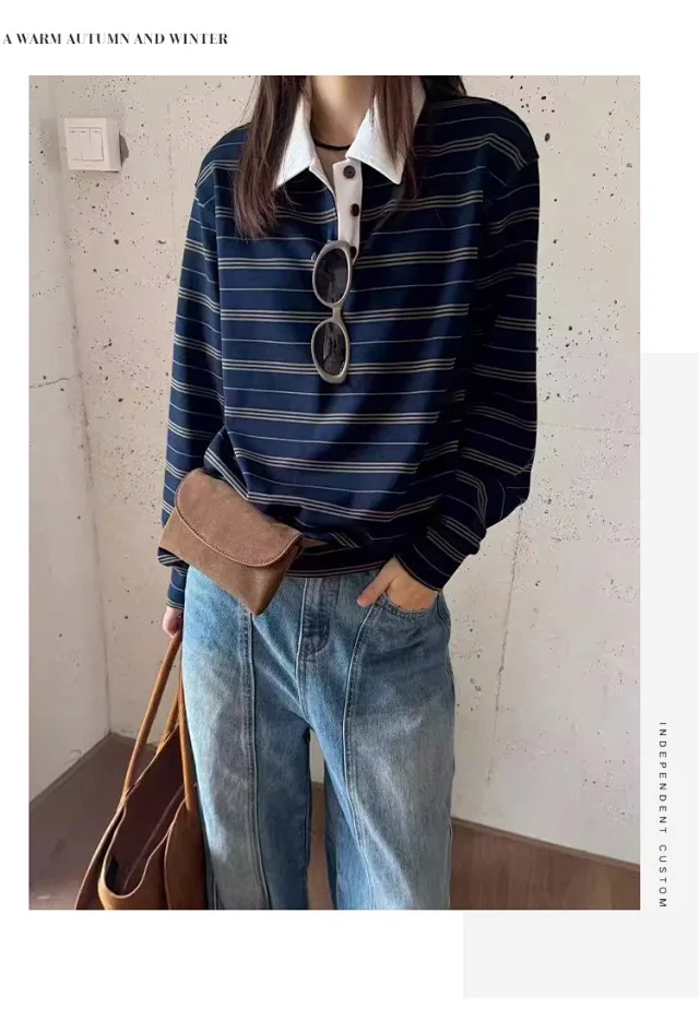 Autumn 2025 Cotton Striped Polo Sweatshirt Detail