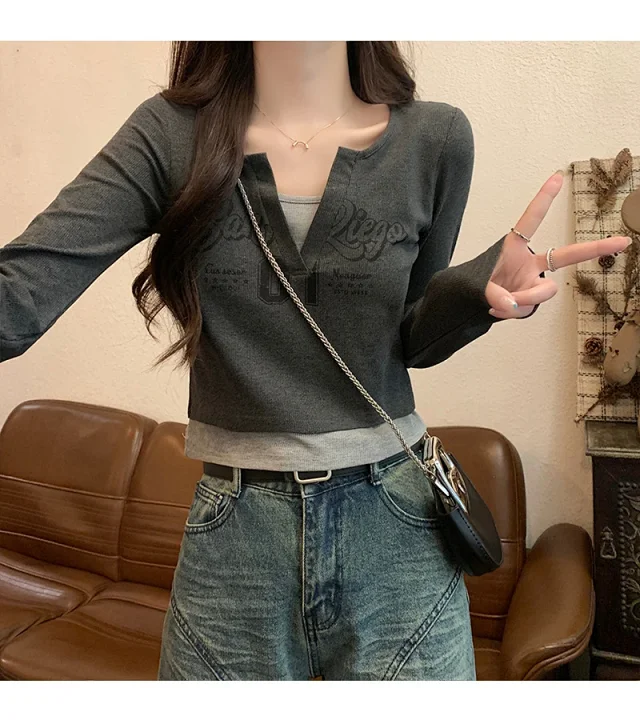 Women's Long-Sleeve Layered Retro Tee Detail