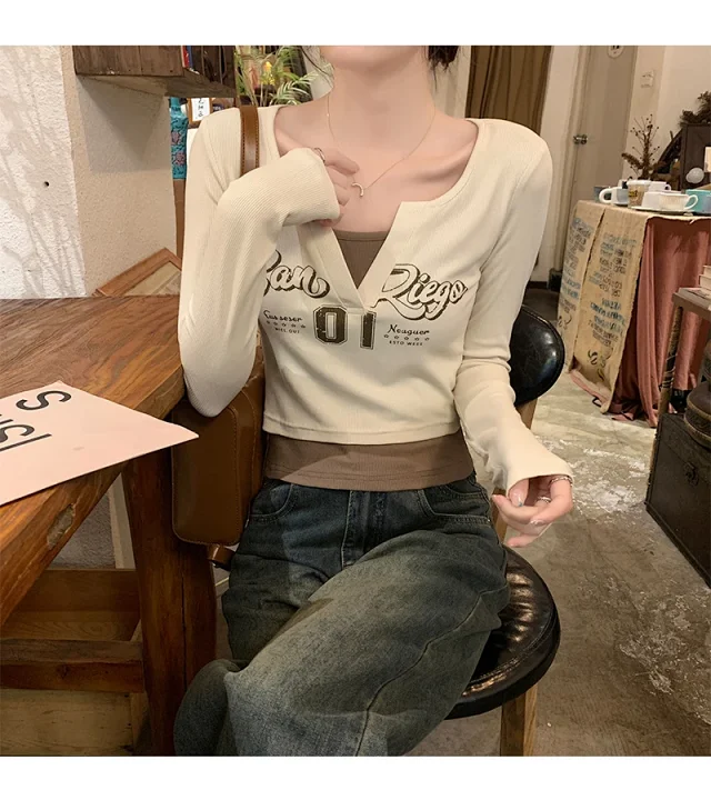 Women's Long-Sleeve Layered Retro Tee Detail