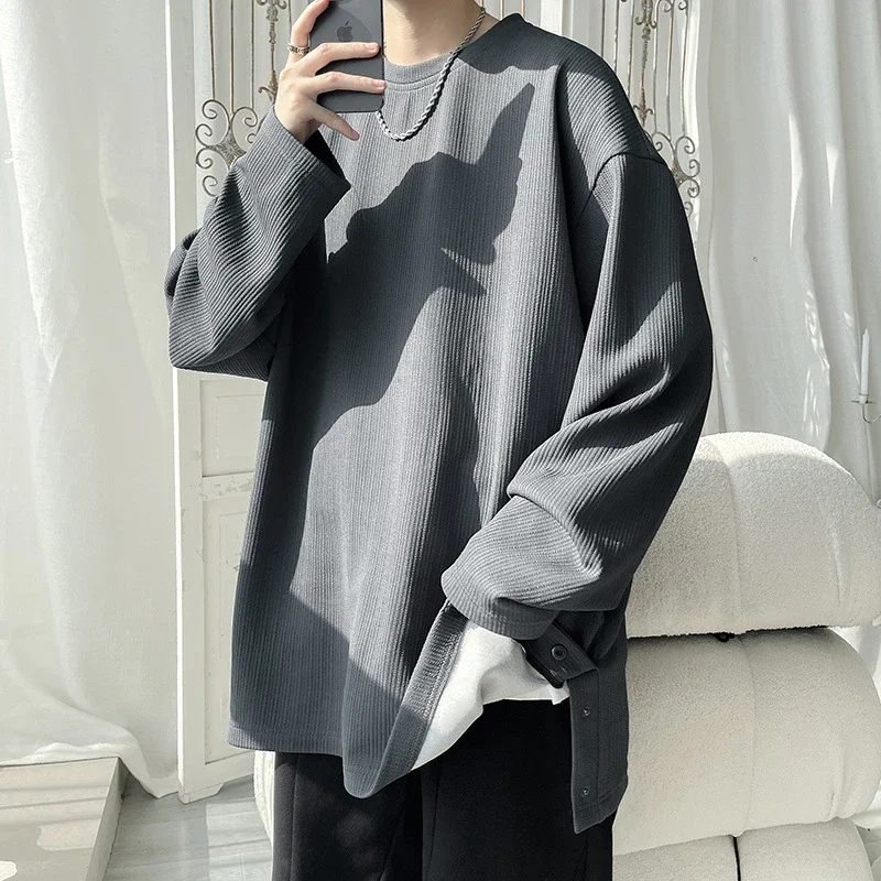 Men's Solid Textured Button-Front Long-Sleeve T-Shirt