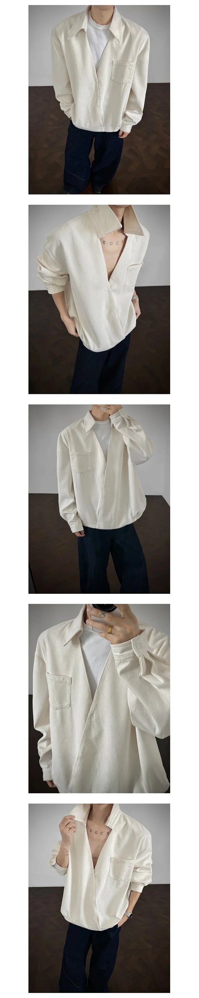 Men's French Style Long-sleeve Shirt in Maillard Lazy Wind Detail