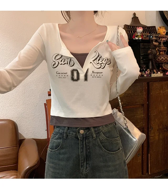 Women's Long-Sleeve Layered Retro Tee Detail