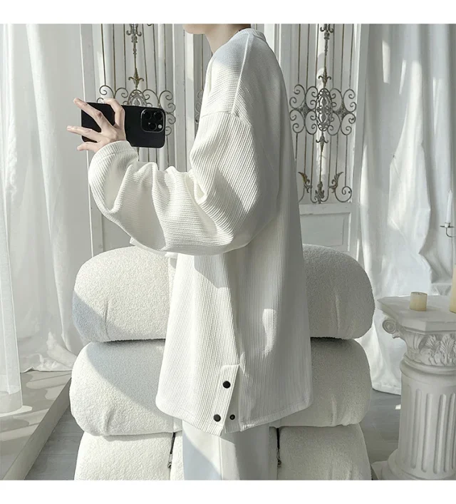 Men's Solid Textured Button-Front Long-Sleeve T-Shirt Detail