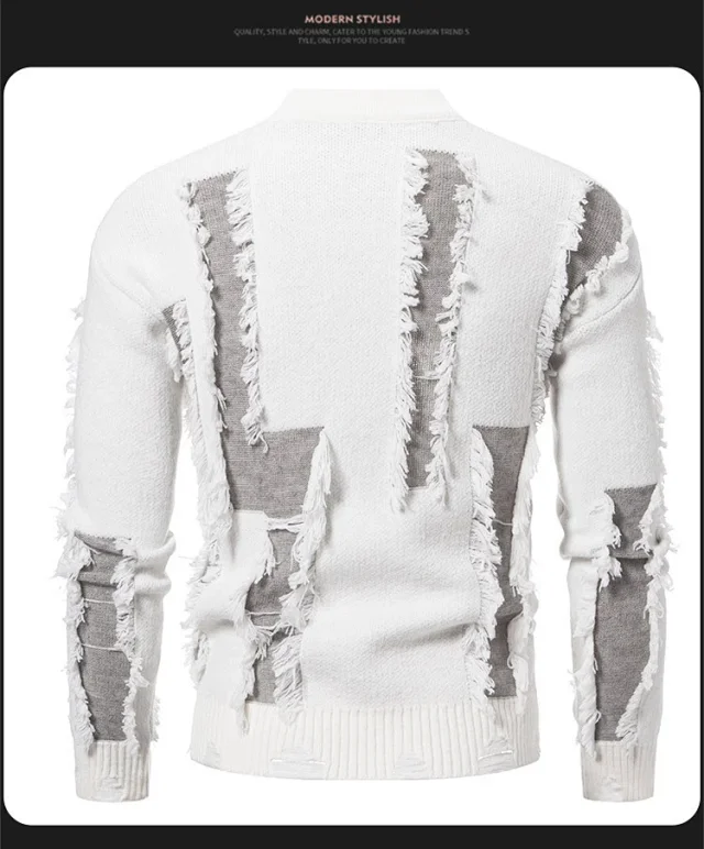 Men's Distressed Loose Knit Sweater Autumn Detail