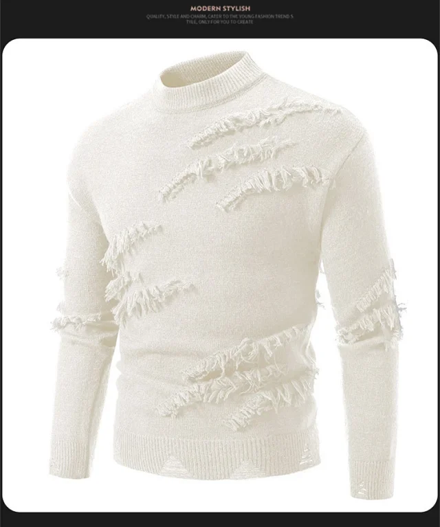 Men's Distressed Round-Neck Knit Sweater Casual Detail