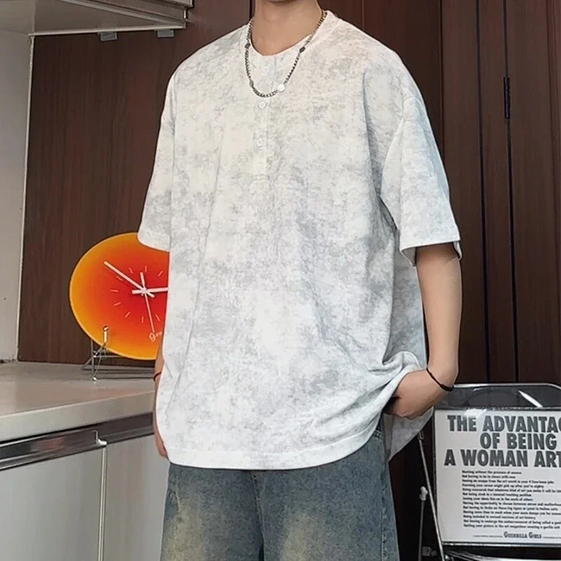 Distressed White Tie-Dye Matte Henley Tee