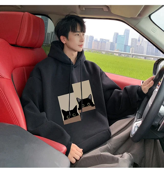 Men's Oversize Cotton Hoodie Cat Print Detail