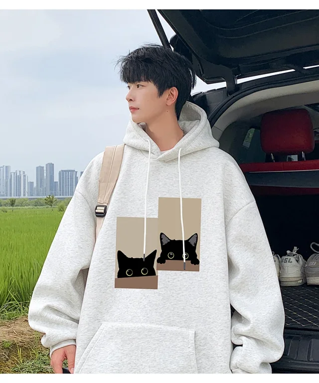 Men's Oversize Cotton Hoodie Cat Print Detail