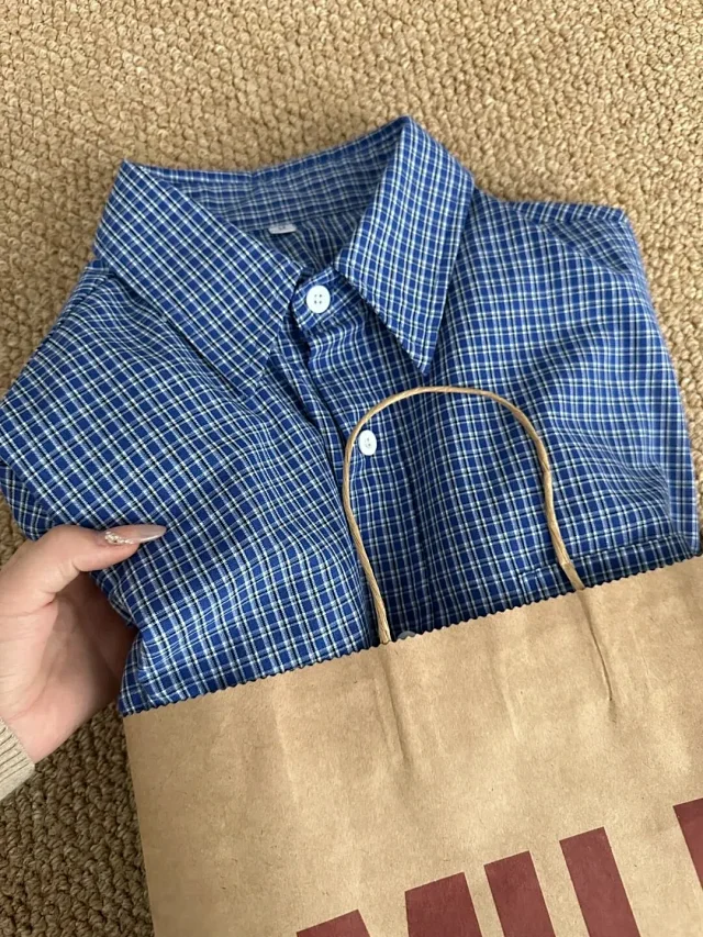 Cleanfit Men's Blue Vintage Plaid Overshirt Detail