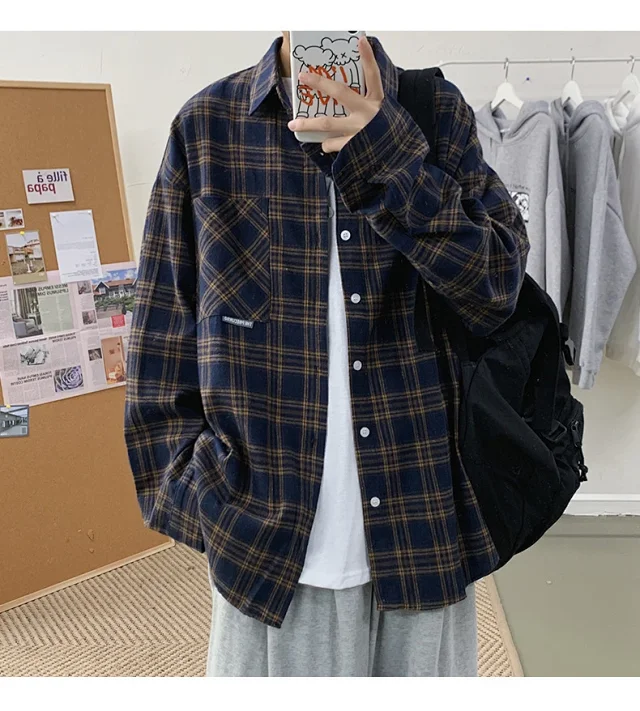Men's Casual Retro Brushed Plaid Overshirt Detail