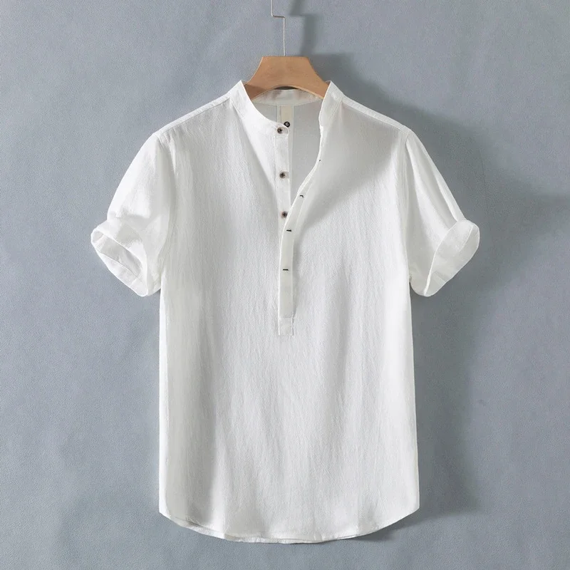 Men's Summer Cotton-Linen Retro Stand-Collar T-Shirt