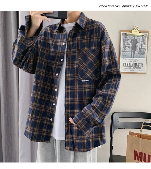 Men's Casual Retro Brushed Plaid Overshirt Detail