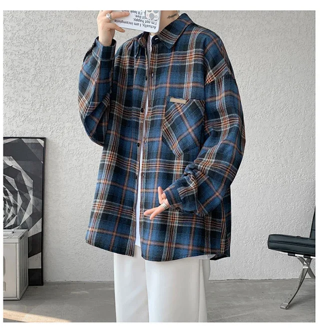 Men's Japanese Brushed Plaid Warm Shirt Jacket Detail