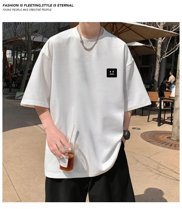 Smile Embroidered Men's Summer Waffle Tee Detail