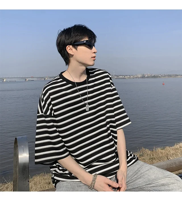 Premium Men's Black White Striped Tee Detail