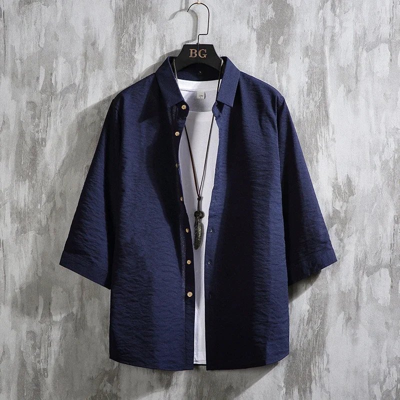 Men's Oversized Cotton Linen 3/4 Sleeve Shirt