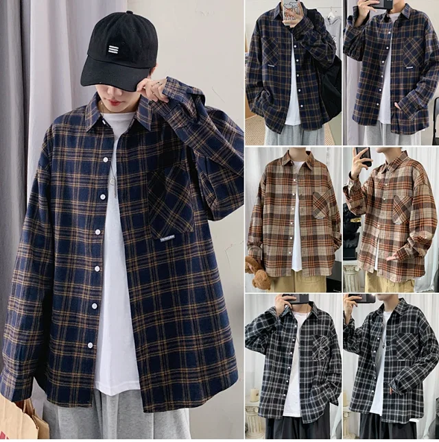 Men's Casual Retro Brushed Plaid Overshirt Detail