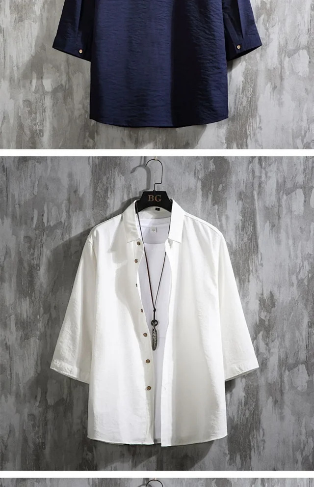 Men's Oversized Cotton Linen 3/4 Sleeve Shirt Detail
