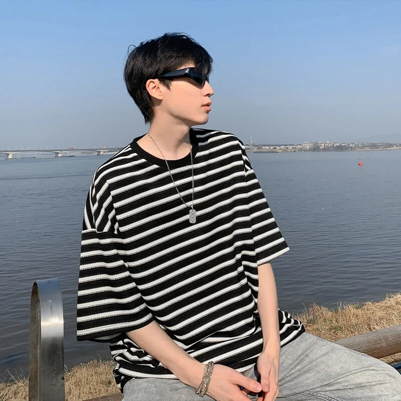 Premium Men's Black White Striped Tee