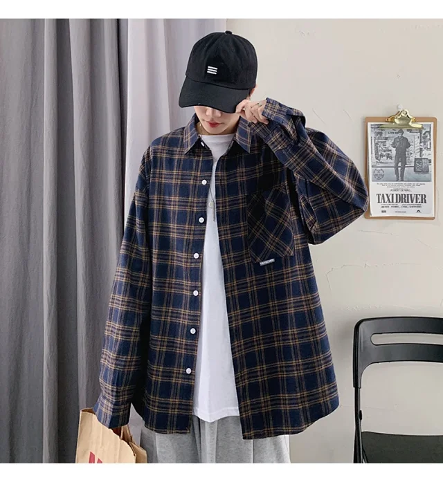 Men's Casual Retro Brushed Plaid Overshirt Detail