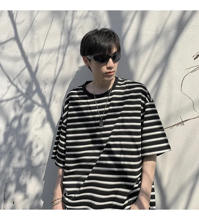 Premium Men's Black White Striped Tee Detail