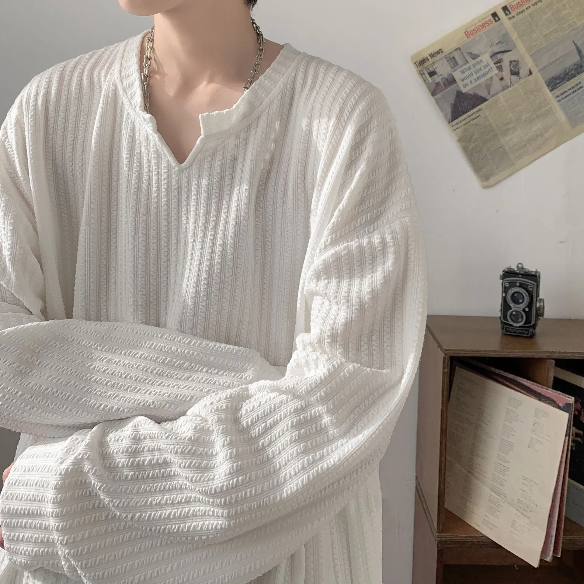 Men's High-Street V-Neck Heavyweight Sweatshirt White