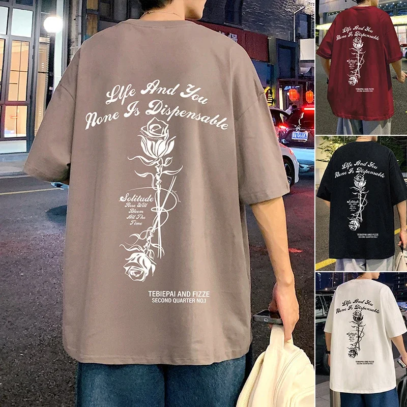 Unisex Burgundy Cotton Rose Print Tee