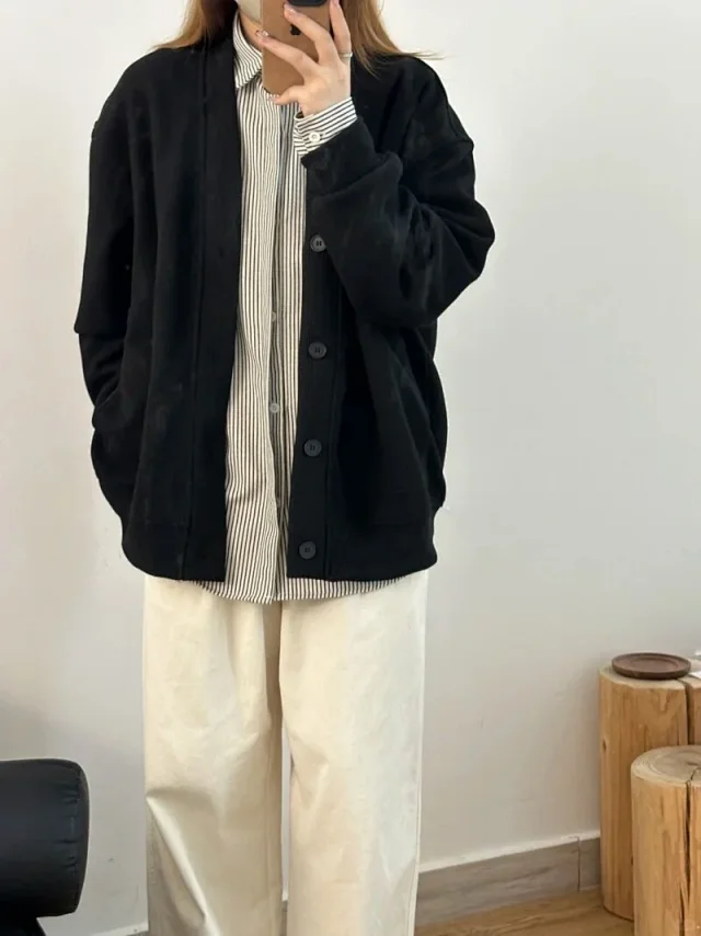 Spring 2025 Japanese Casual Waffle Cardigan Detail