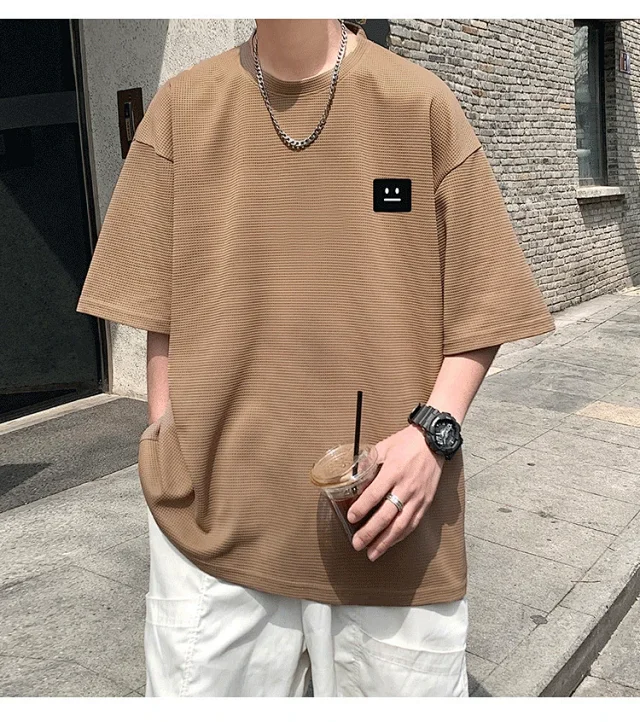 Smile Embroidered Men's Summer Waffle Tee Detail