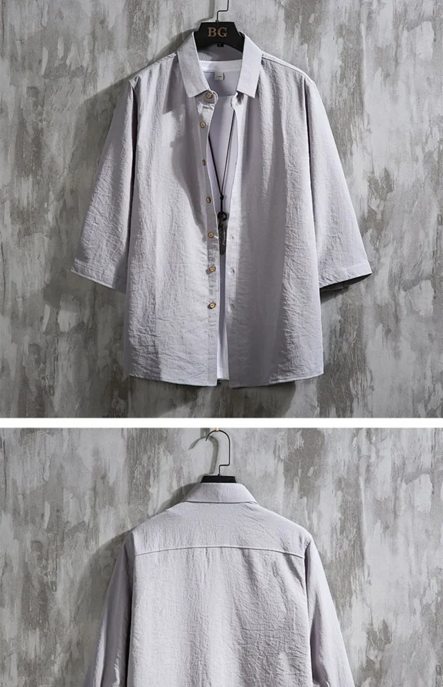 Men's Oversized Cotton Linen 3/4 Sleeve Shirt Detail