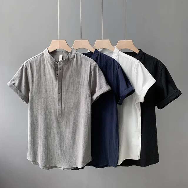 Men's Summer Cotton-Linen Retro Stand-Collar T-Shirt Detail
