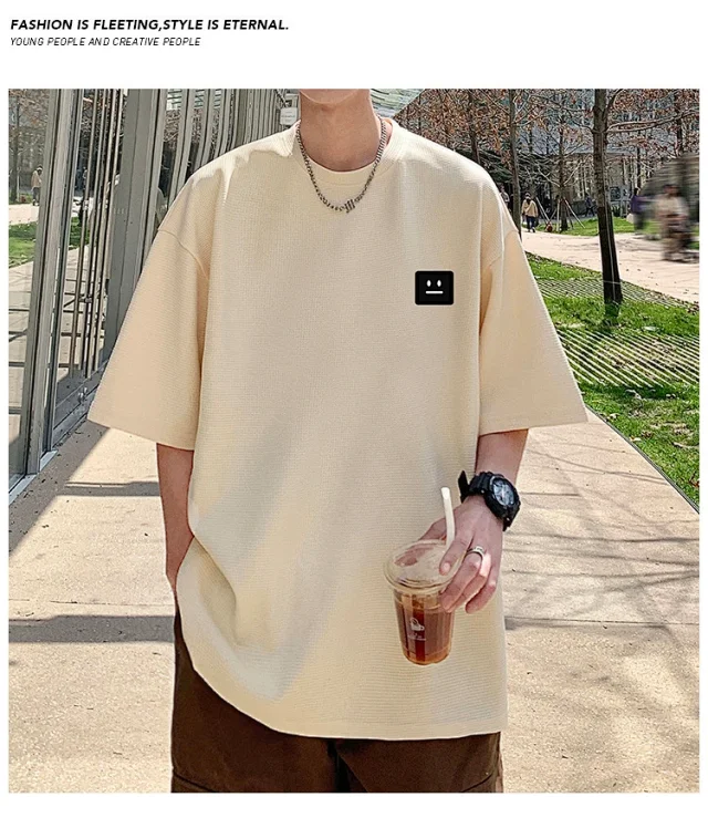 Smile Embroidered Men's Summer Waffle Tee Detail