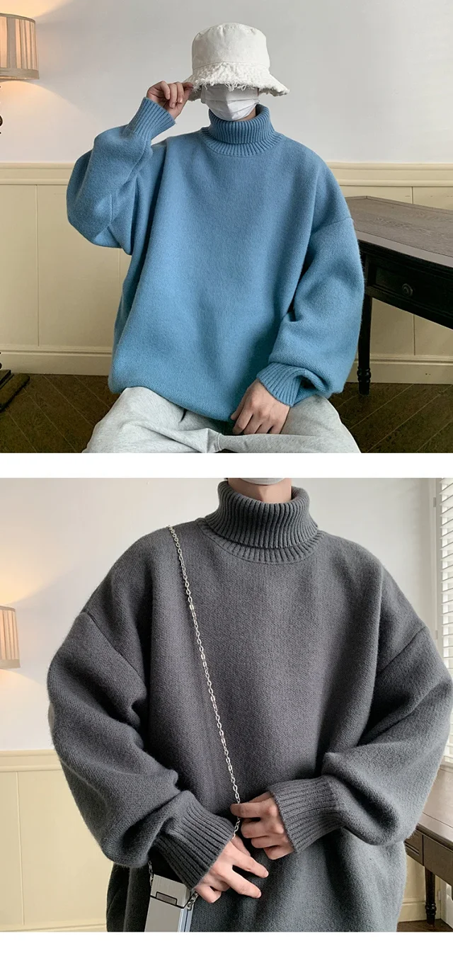 Men's Grey High-Neck Relaxed Sweater Detail