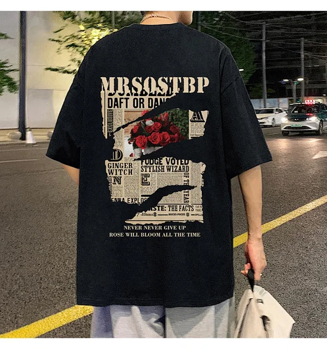 Men's Oversized Cotton Tee 2025 Rose-Print Detail