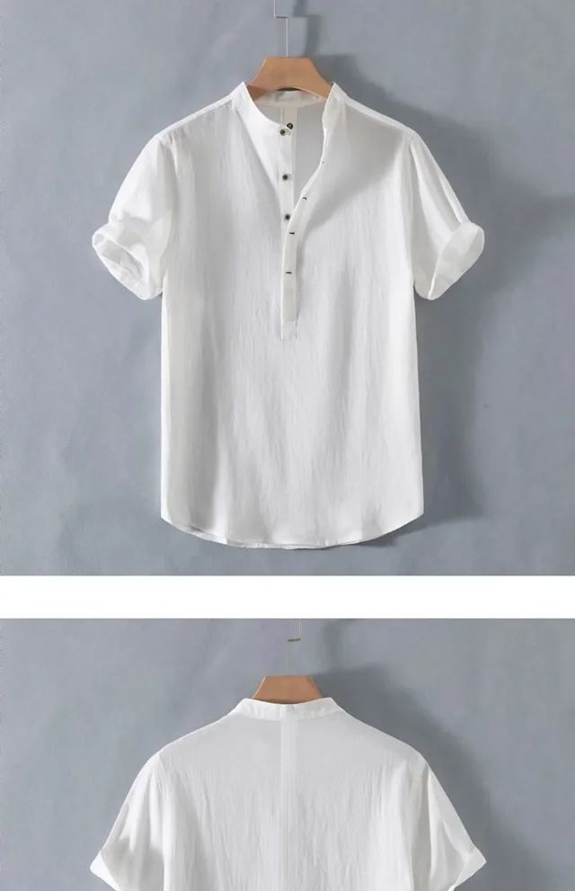 Men's Summer Cotton-Linen Retro Stand-Collar T-Shirt Detail