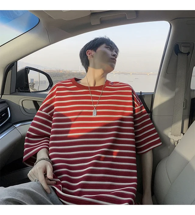 Premium Men's Black White Striped Tee Detail