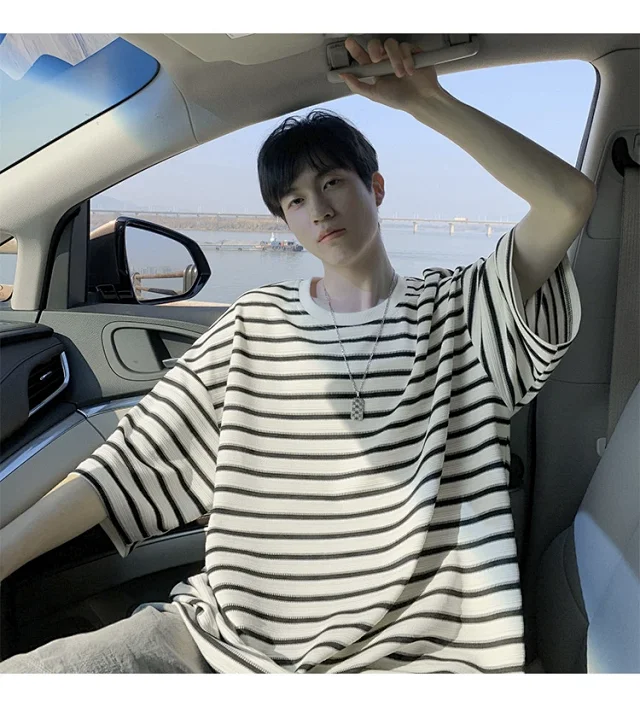 Premium Men's Black White Striped Tee Detail