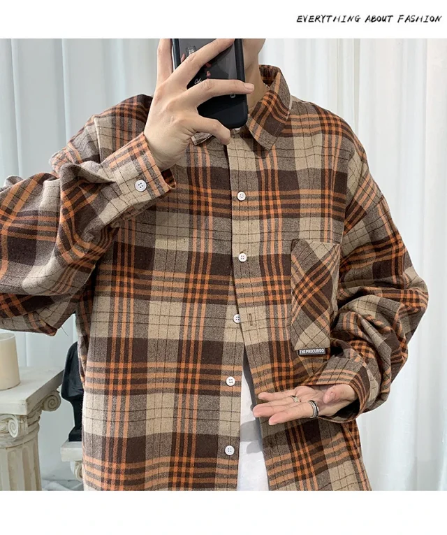 Men's Casual Retro Brushed Plaid Overshirt Detail