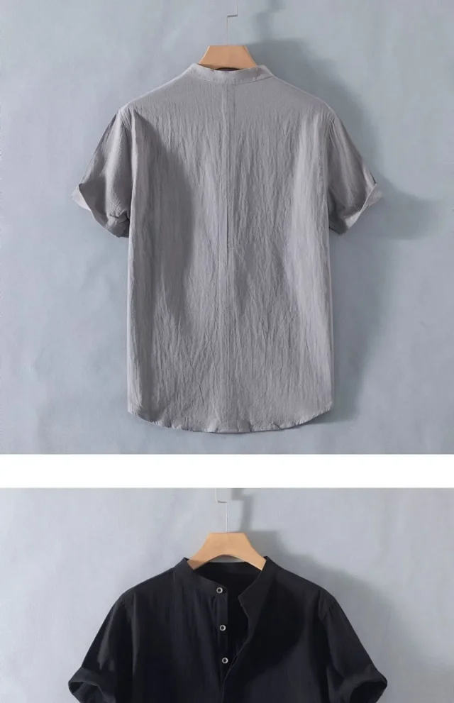 Men's Summer Cotton-Linen Retro Stand-Collar T-Shirt Detail