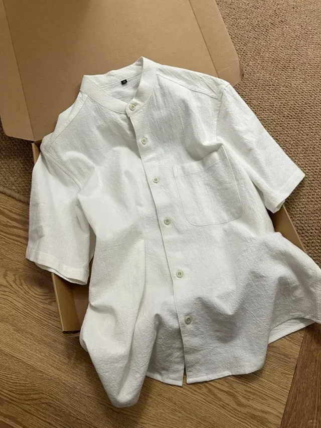 Men's Bamboo-Cotton Short Sleeve Mandarin Shirt Detail