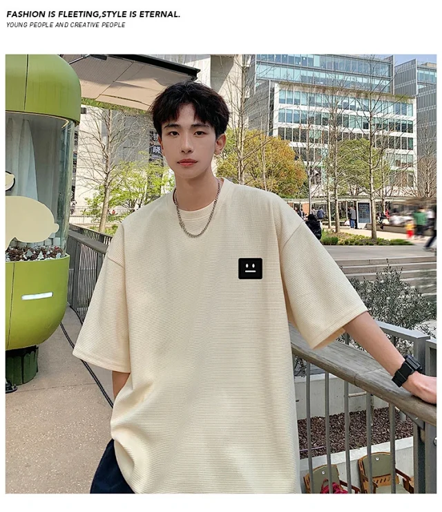 Smile Embroidered Men's Summer Waffle Tee Detail