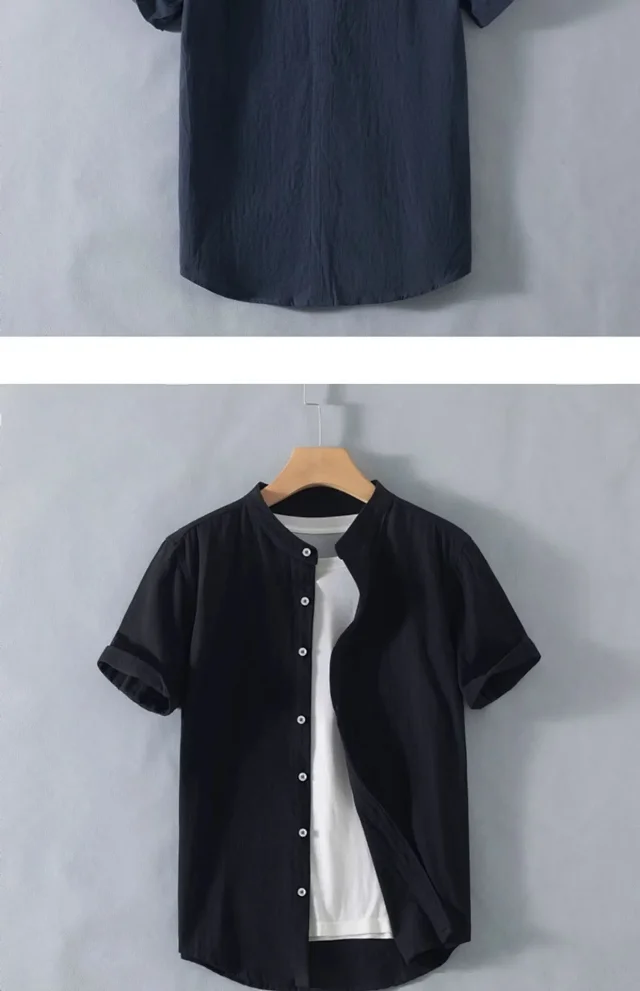 Men's Summer Cotton-Linen Retro Stand-Collar T-Shirt Detail