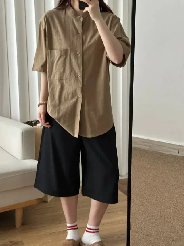 Men's Bamboo-Cotton Short Sleeve Mandarin Shirt Detail