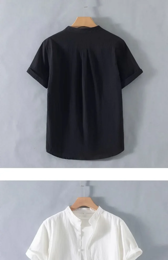 Men's Summer Cotton-Linen Retro Stand-Collar T-Shirt Detail