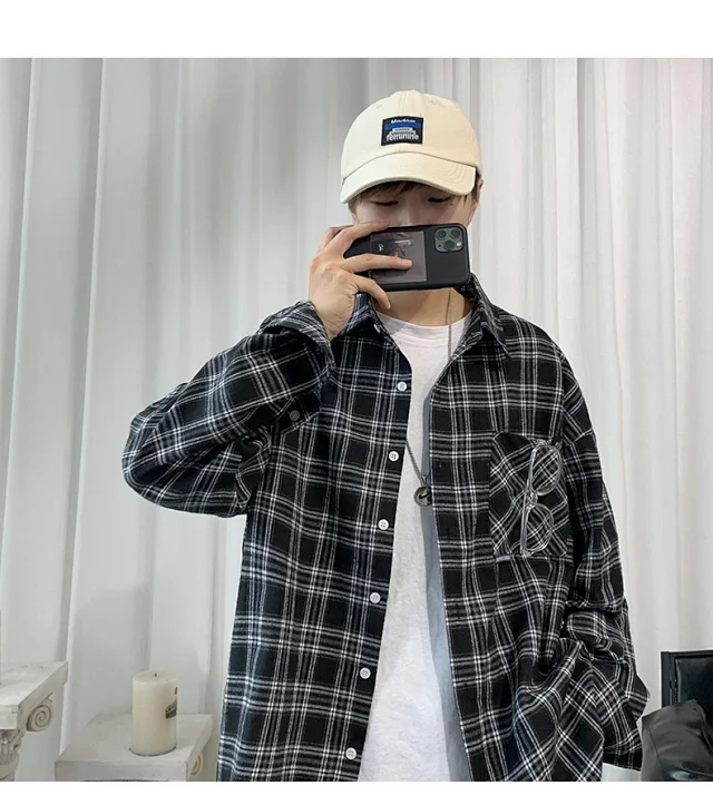 Men's Casual Retro Brushed Plaid Overshirt Detail