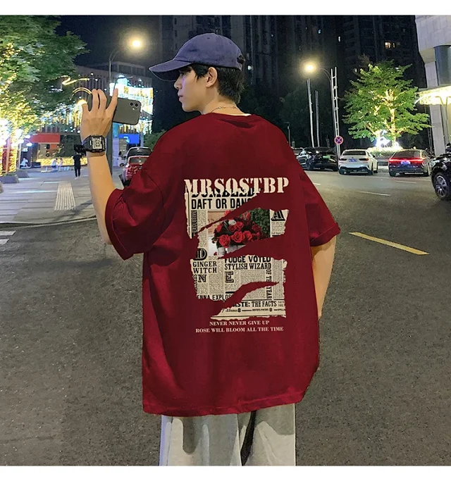 Men's Oversized Cotton Tee 2025 Rose-Print Detail