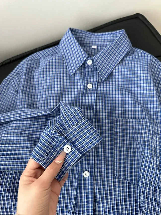 Cleanfit Men's Blue Vintage Plaid Overshirt Detail